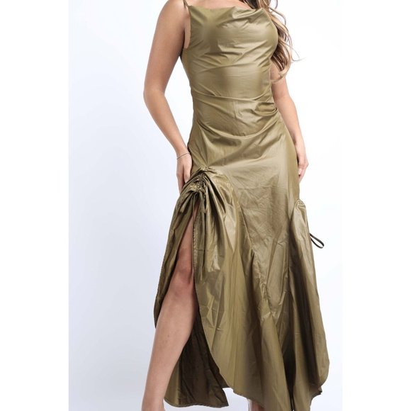 Women's Ruched Cowl Neck Backless Sleeveless Maxi Dress Olive XS-XL - Picture 12 of 12